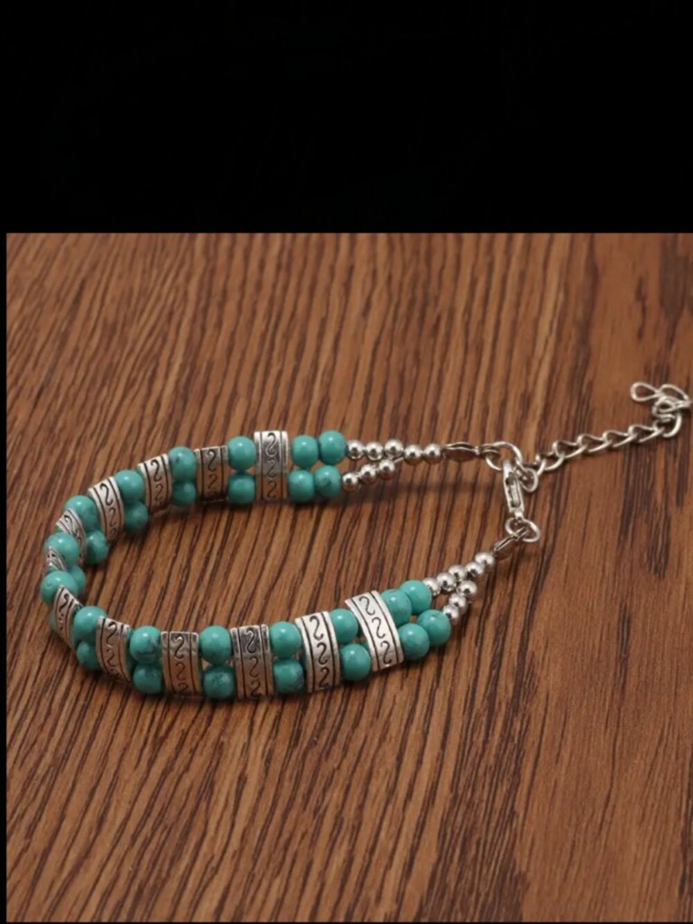 Turquoise Beaded Silver Tone Adjustable Bracelet
